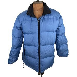 Womens Vintage Lands End Down Puffer Jacket Reversible Blue Black L 14-16